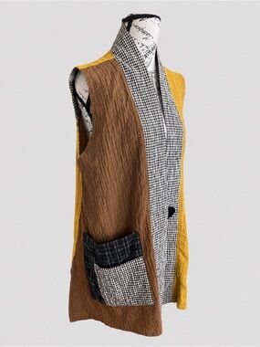 Moonlight Patchwork Open Front Boho Vest Mustard Green Brown Gingham Pockets M